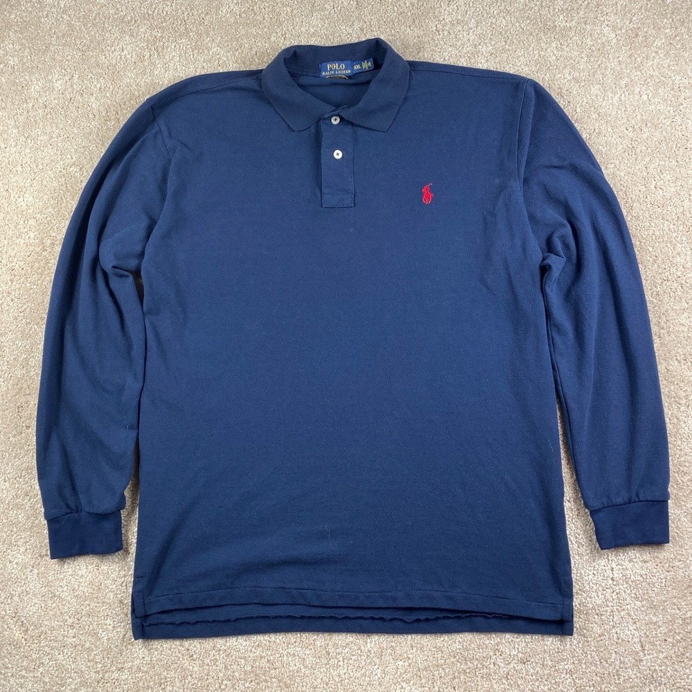 Polo Ralph Lauren Mens XXL Navy Blue Long Sleeve Custom Fit Polo Shirt Red Pony